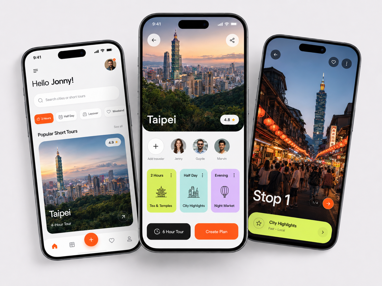 ShortStayTours app mockup on three phones showing short city tours and itinerary planning